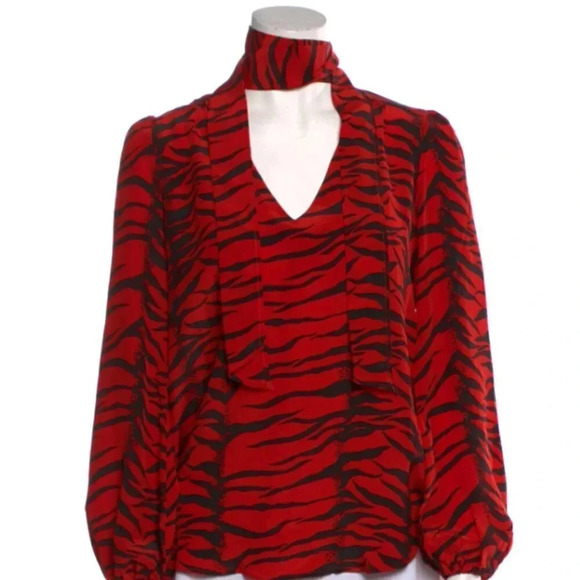 Rixo Moss Blouse Long Sleeve Shirt V-Neck Animal Print Tie Bow Silk Red Medium - Picture 11 of 11